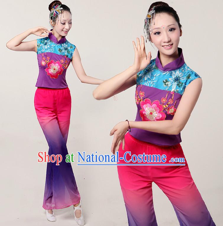 Asia Dance Costumes Ribbon Dancing Costume Dancewear China Dress Dance Wear and Headwear Complete Set