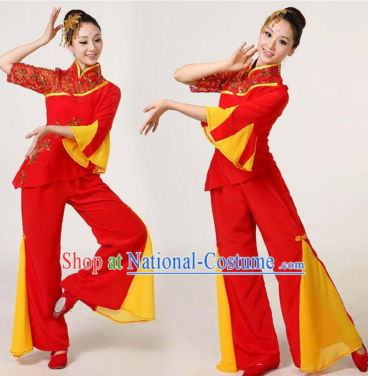 Chinese Dance Costumes Competition Costumes Dancewear China Dress Dance Wear and Headpieces Complete Set