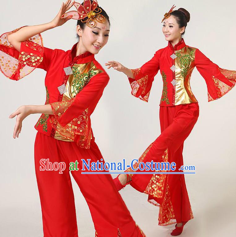 Chinese Dance Costumes Competition Costumes Dancewear China Dress Dance Wear and Headpieces Complete Set