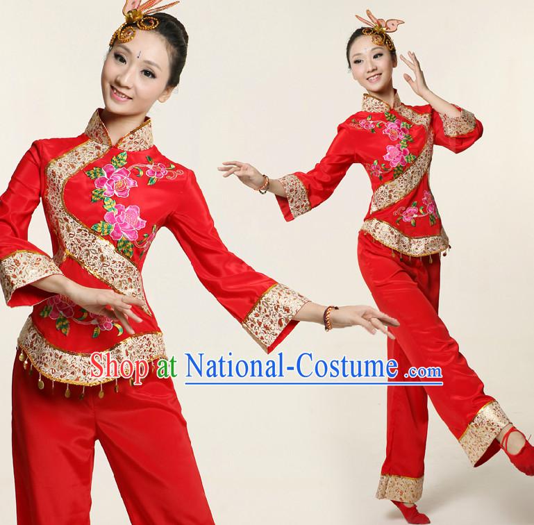 Chinese Dance Costume Competition Costumes Dancewear China Dress Dance Wear and Headpieces Complete Set