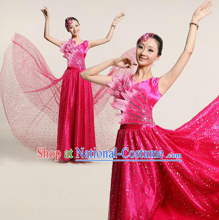 Chinese Dance Costume Competition Costumes Dancewear China Dress Dance Wear and Headpieces Complete Set