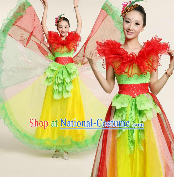 Chinese Dance Costume Competition Costumes Dancewear China Dress Dance Wear and Headpieces Complete Set