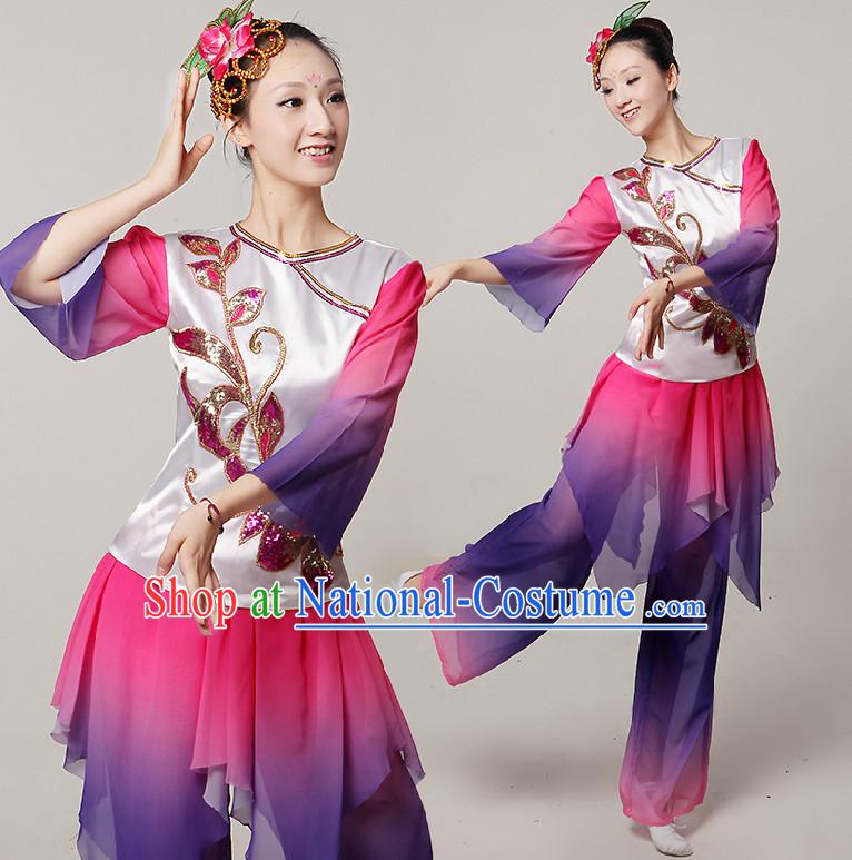 Chinese Stage Dance Costumes Ribbon Dancing Costume Dancewear China Dress Dance Wear and Hair Accessories Complete Set