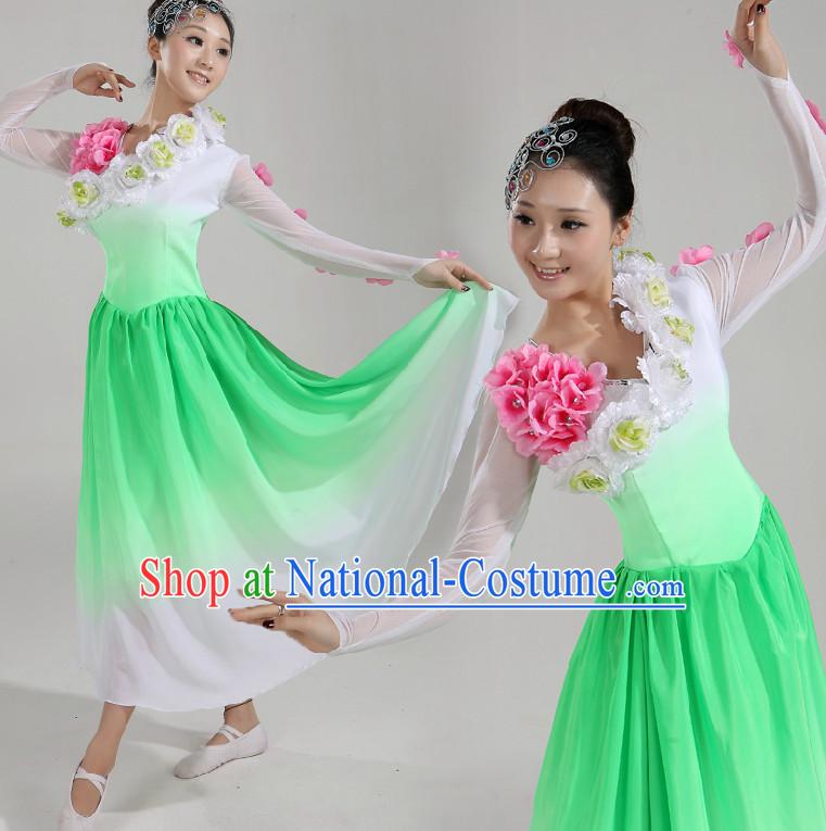 Asian Dance Costume Competition Costumes Dancewear China Dress Dance Wear and Headpieces Complete Set