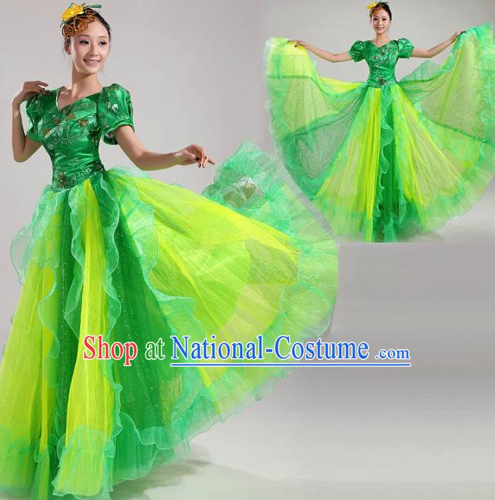 Asian Dance Costume Group Dance Costumes Dancewear China Dress Dance Wear and Headpieces Complete Set