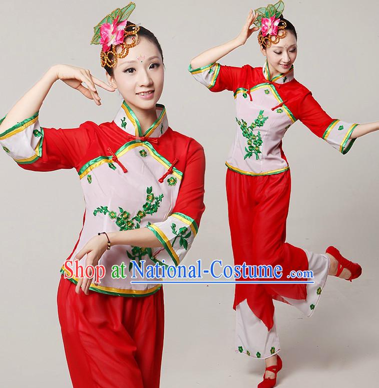 Chinese Stage Dance Costumes Ribbon Dancing Costume Dancewear China Dress Dance Wear and Hair Accessories Complete Set