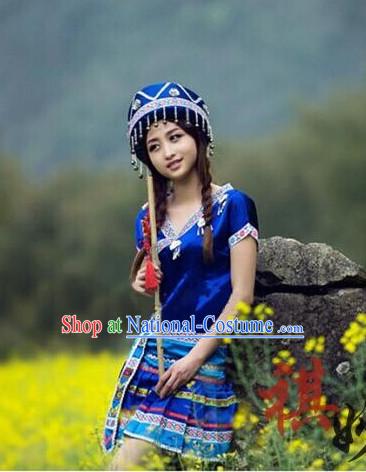 Chinese Folk Ethnic Clothes and Hat Complete Set