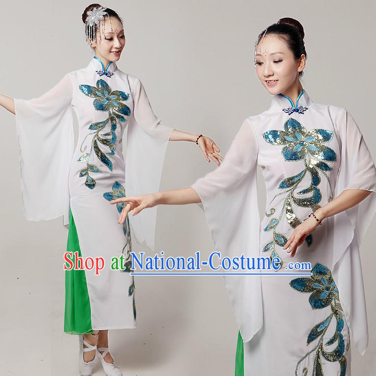 Chinese Stage Dance Costumes Ribbon Dancing Costume Dancewear China Dress Dance Wear and Hair Accessories Complete Set