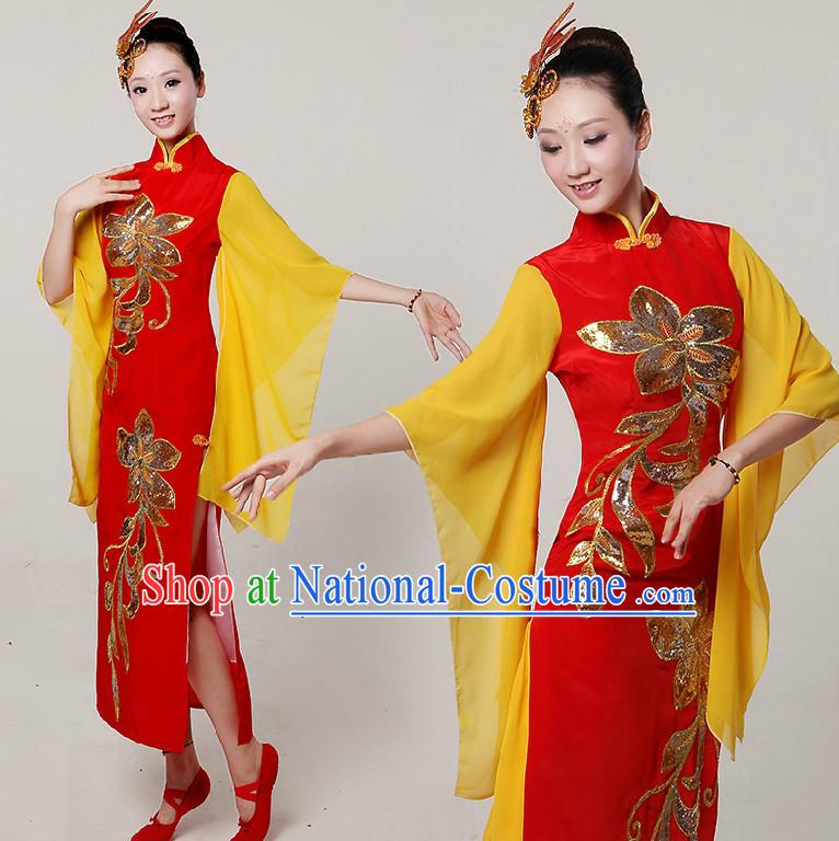 Chinese Stage Dance Costumes Ribbon Dancing Costume Dancewear China Dress Dance Wear and Hair Accessories Complete Set