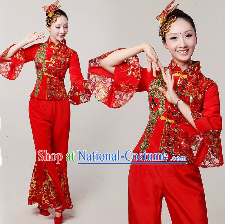 Chinese Fan Dance Costumes Ribbon Dancing Costume Dancewear China Dress Dance Wear and Hair Accessories Complete Set