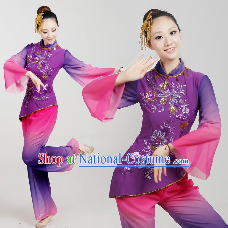 Chinese Folk  Dance Costumes Ribbon Dancing Costume Dancewear China Dress Dance Wear and Hair Accessories Complete Set