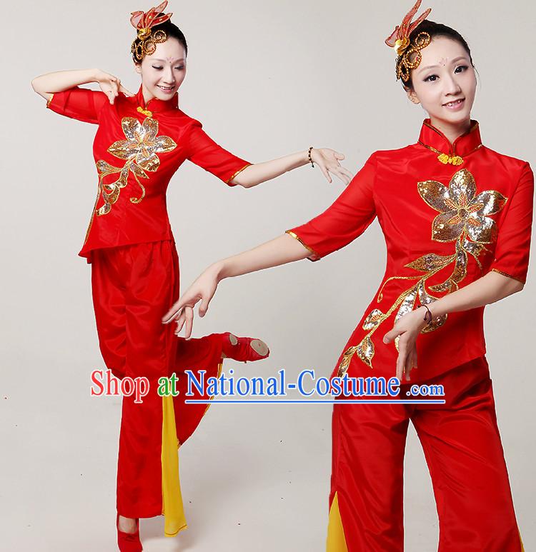 Chinese Folk  Dance Costumes Ribbon Dancing Costume Dancewear China Dress Dance Wear and Hair Accessories Complete Set