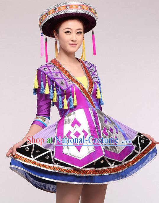 Chinese Folk Ethnic Competition Dance Costume Group Dancing Costumes and Hat Complete Set for Women