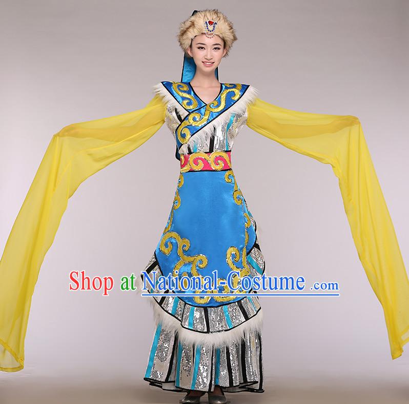 Chinese Long Sleeves Minority Competition Dance Costume Group Dancing Costumes and Hat Complete Set for Women