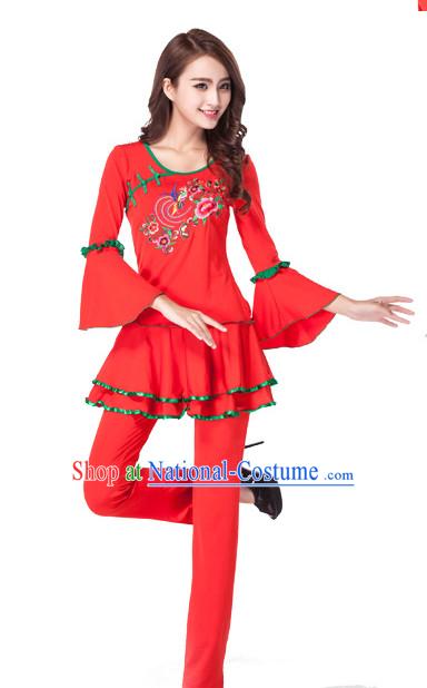 Red Chinese Style Fan Dance Costume Discount Dance Costume Ideas Dancewear Supply Dance Wear Dance Clothes Suit