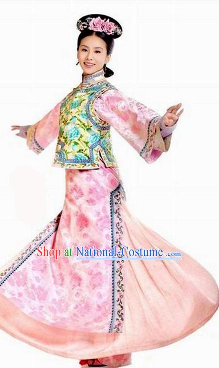 Chinese Qing Dynasty Princess Halloween Costumes Hanfu Clothes Halloween Costume Clothing and Hair Accessories Complete Set for Women