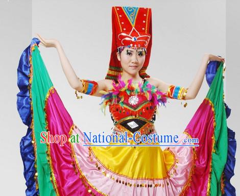 Chinese Stage Celebration Ethnic Dancewear and Hat Complete Set for Women