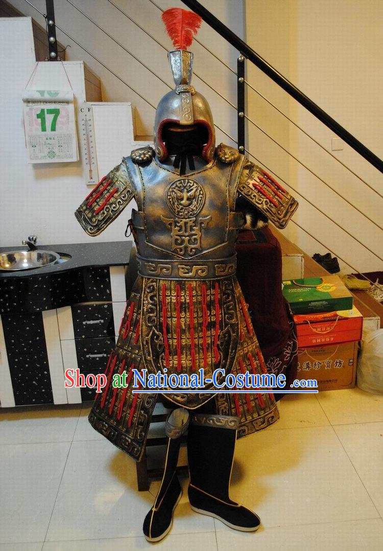 Ancient China Superhero Armor Outfits and Hat Complete Set for Men