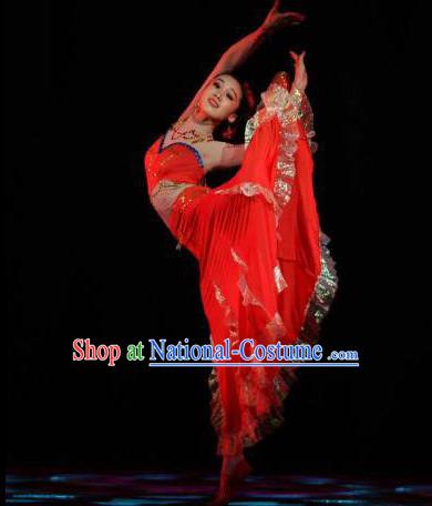 Chinese Stage Performance Red Dai Dancing Costume and Head Wear for Women