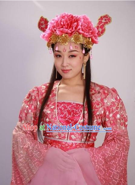 Chinese Flower Stage Performance Pink Dancing Costume and Head Wear for Women