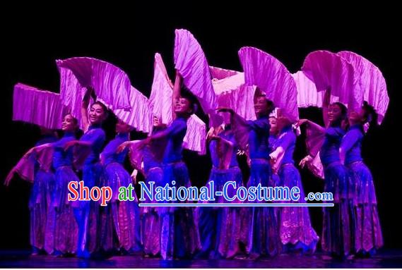 Chinese Blue Fan Dancing Group Costume for Girls