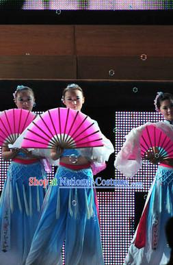 Chinese Blue Fan Dancing Group Costume for Girls