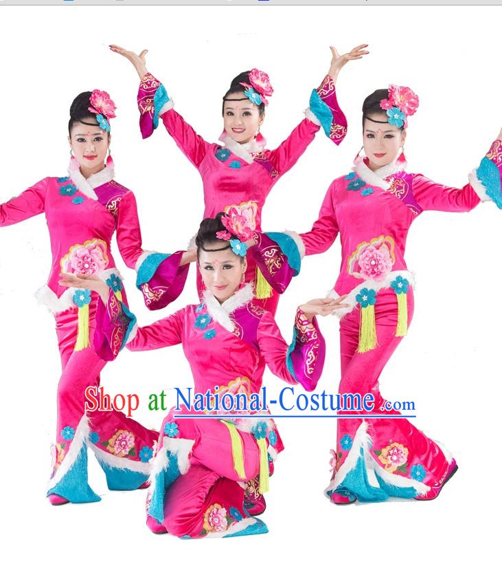 Pink Traditional Chinese Spring Festival Dance Costumes and Headwear Complete Set for Women