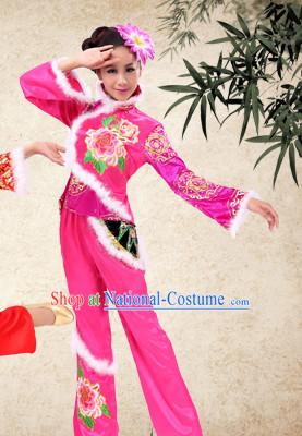 Pink Traditional Chinese Spring Festival Dance Costumes and Headwear Complete Set for Women