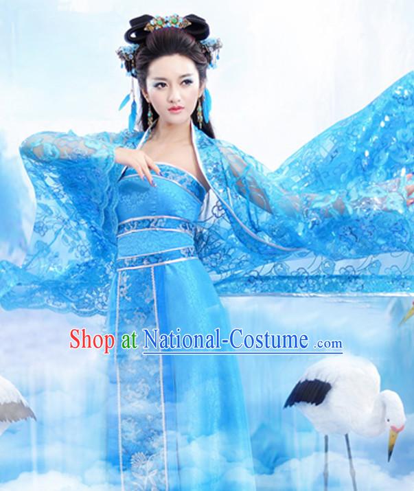 Blue Chinese Classic  Sexy Costume and Hair Jewelry Complete Set for Women