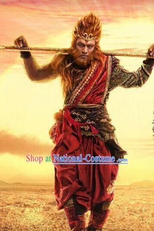 Ancient Monkey King Sun Wukong Costumes and Hair Accessories Complete Set