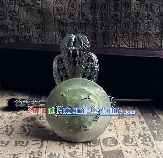 Silver Ancient Chinese Poet  Handmade Jade Headwear Head Pieces for Men