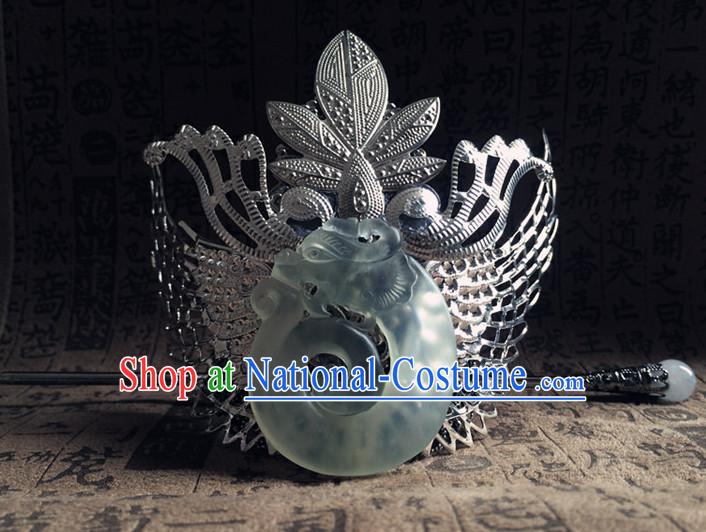 Silver Ancient Chinese Poet  Handmade Jade Headwear Head Pieces Coronet Crown for Men