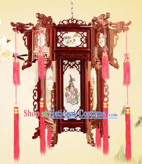 Chinese Antique Style Ancient Handmade Natural Wood Hanging Palace Lantern