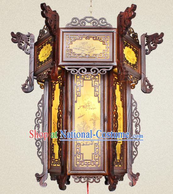 Chinese Antique Style Ancient Handmade and Carved Natural Wood Hanging Palace Lantern