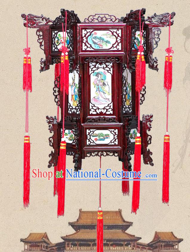 Chinese Ancient Handmade and Carved Natural Wood Hanging Lantern