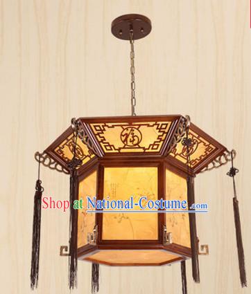 Chinese Classical Handmade and Carved Natural Wood Hanging Palace Lantern