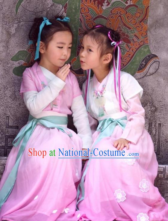 Ancient Chinese Kids Hanfu Costume and Hair Accessories Complete Set