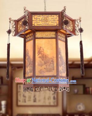 Chinese Classical Handmade and Carved Natural Wood Hanging Palace Lantern