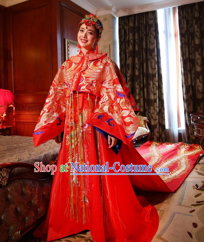 Long Tail Traditional Chinese Wedding Brides Dresses and Hair Accessories Complete Set