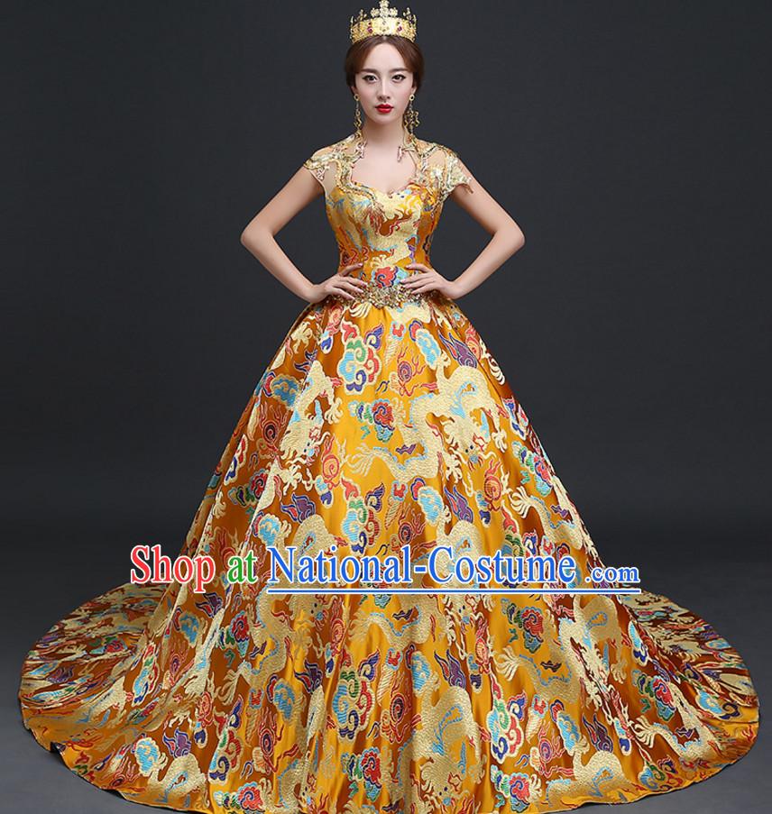 Top Chinese Gold Wedding Dress and Headwear Complete Set