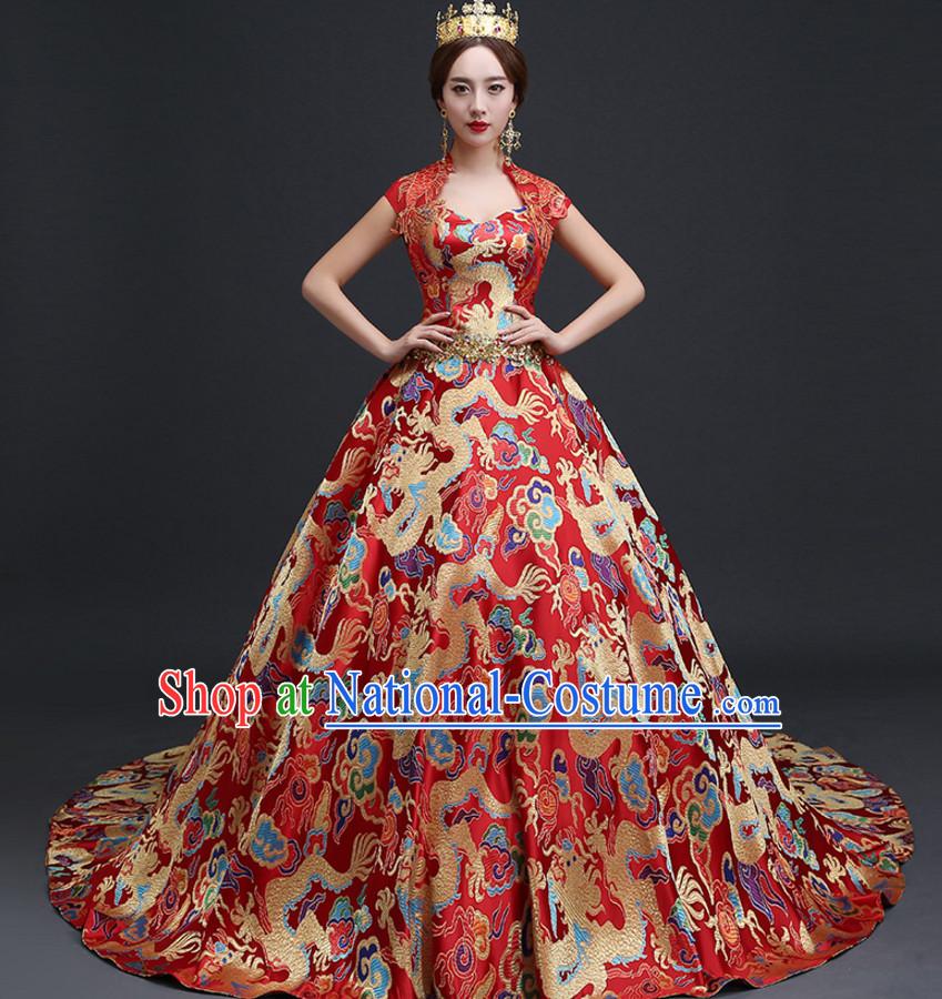 Top Chinese Red Wedding Dress and Headwear Complete Set