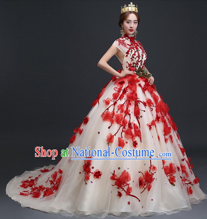 Top Chinese Floral Wedding Dress and Headwear Complete Set