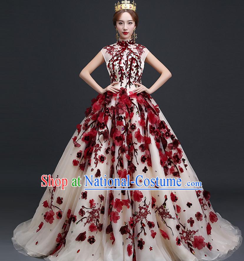 Top Chinese Floral Wedding Dress and Headwear Complete Set