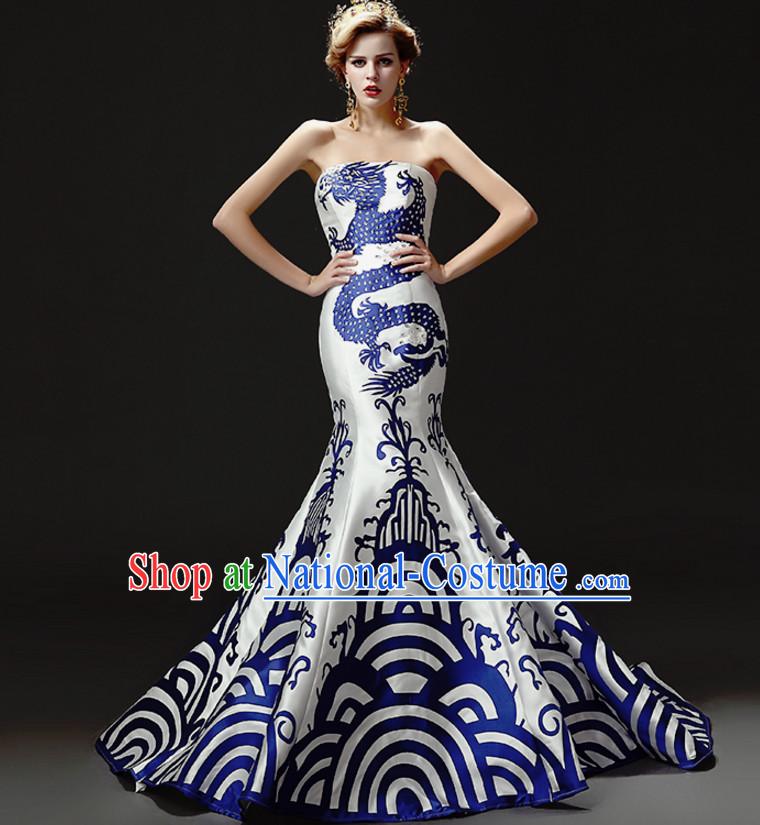 Top Chinese Blue White Long Tail Wedding Dress Evening Dress Complete Set