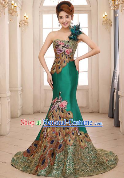 Top Chinese Green Long Tail Wedding Dress Evening Dress and Hair Jewelry Complete Set