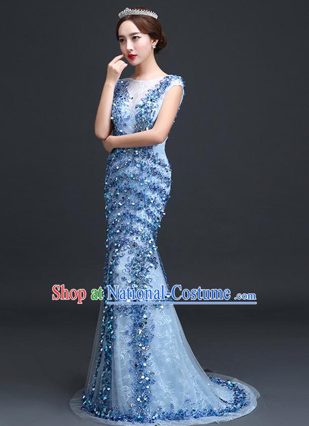 Top Chinese Blue Long Tail Wedding Dress Evening Dress and Hair Jewelry Complete Set