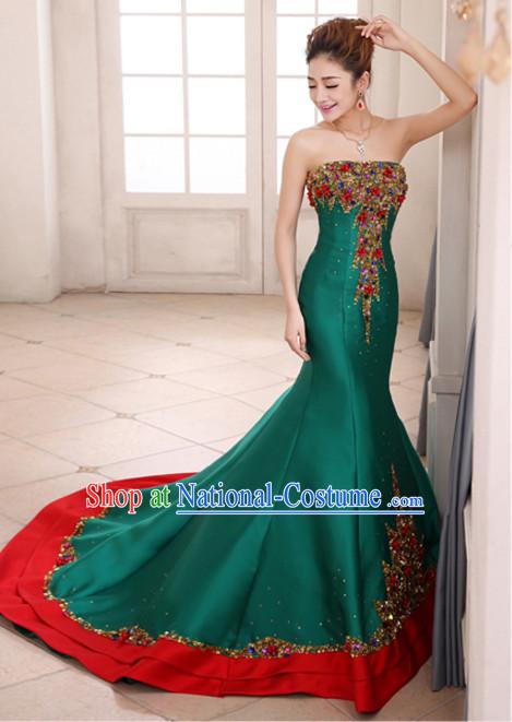 Top Chinese Green Long Tail Wedding Dress Evening Dress and Hair Jewelry Complete Set