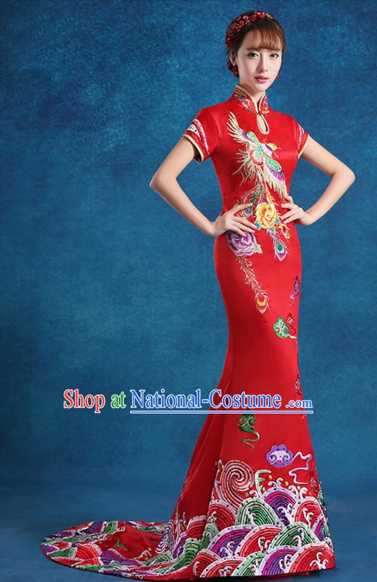 Top Chinese Red Embroidered  Long Tail Wedding Dress Evening Dress and Hair Jewelry Complete Set