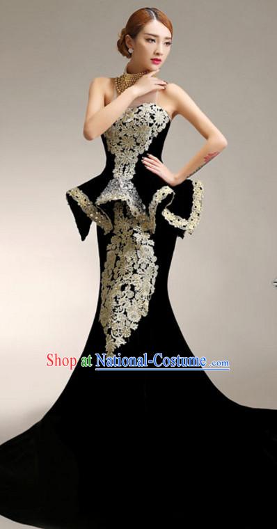 Top Chinese Black Long Tail Evening Dress Complete Set