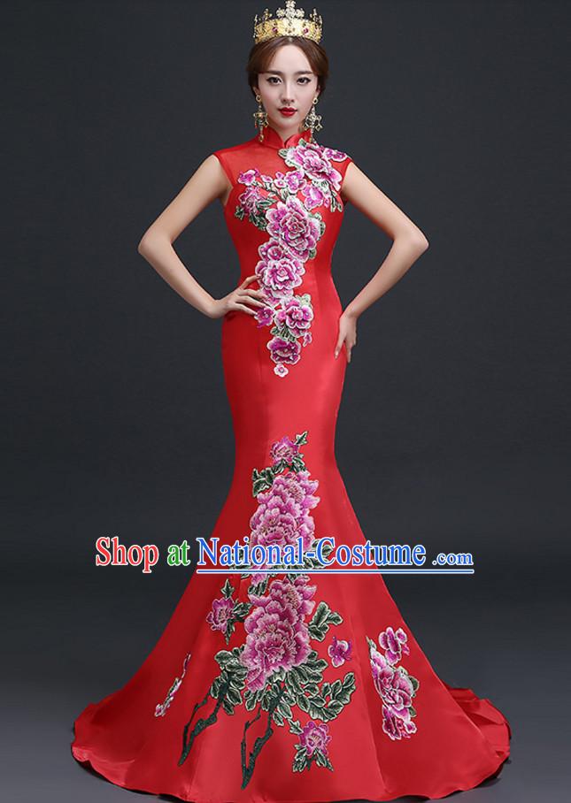 Top Chinese Red Long Tail Wedding Dress Evening Dress and Hair Jewelry Complete Set